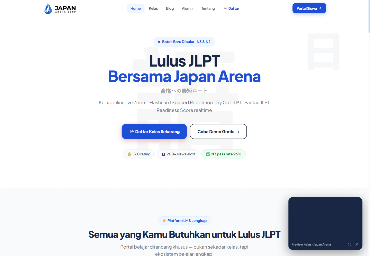 Tampilan website Japan Arena, sekolah bahasa Jepang dengan Portal belajar