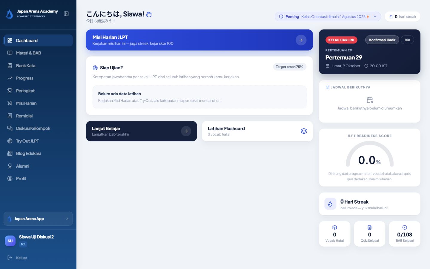 Dashboard belajar siswa Japan Arena versi desktop