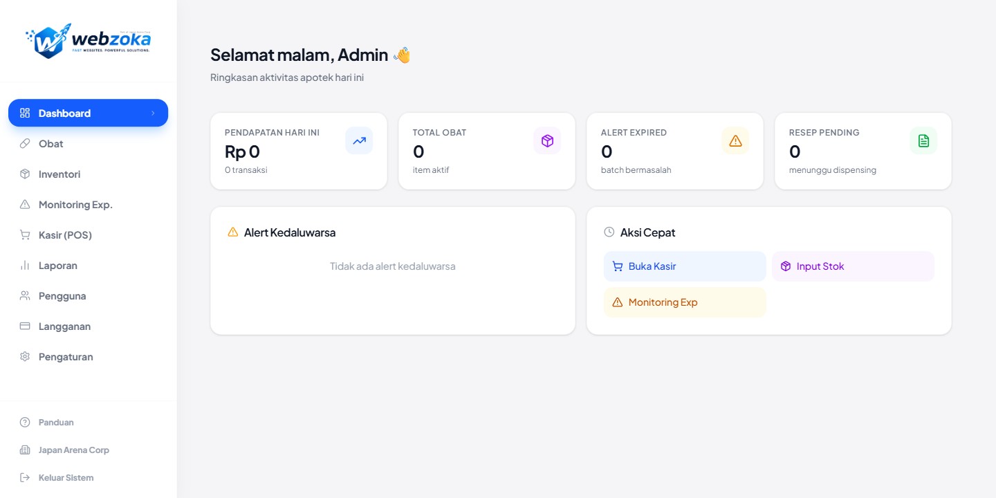 Dashboard Portal Pharmacy pada akun showcase Webzoka dengan ringkasan operasional apotek.