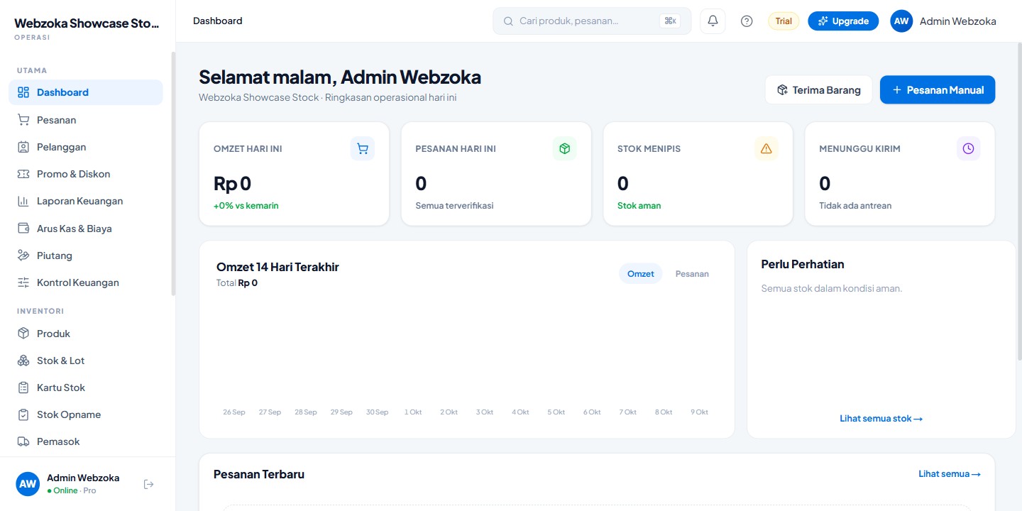 Dashboard Portal Stock pada akun showcase Webzoka dengan ringkasan stok dan pesanan.